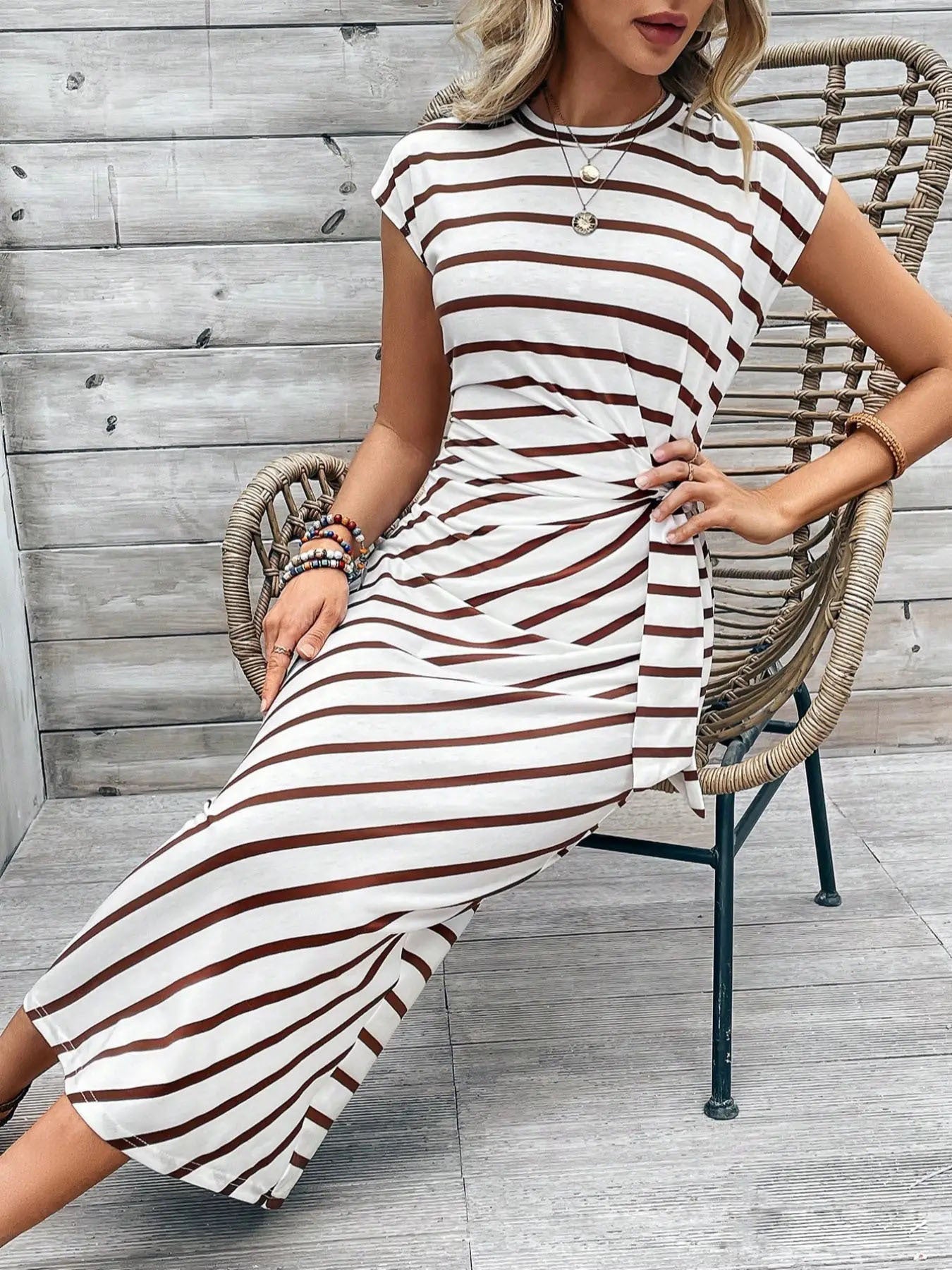 Elegant waist tie striped round neck short sleeve long dress
