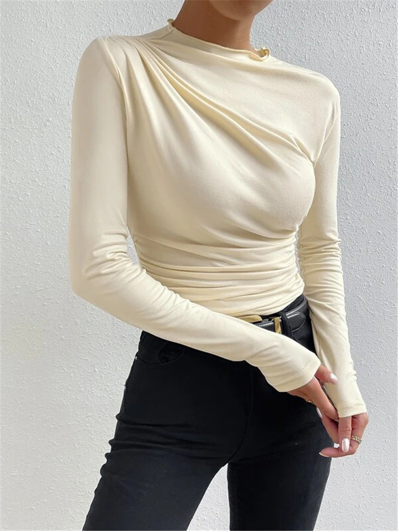 Solid color slim bottoming shirt versatile pleated long-sleeved T-shirt ladies tops