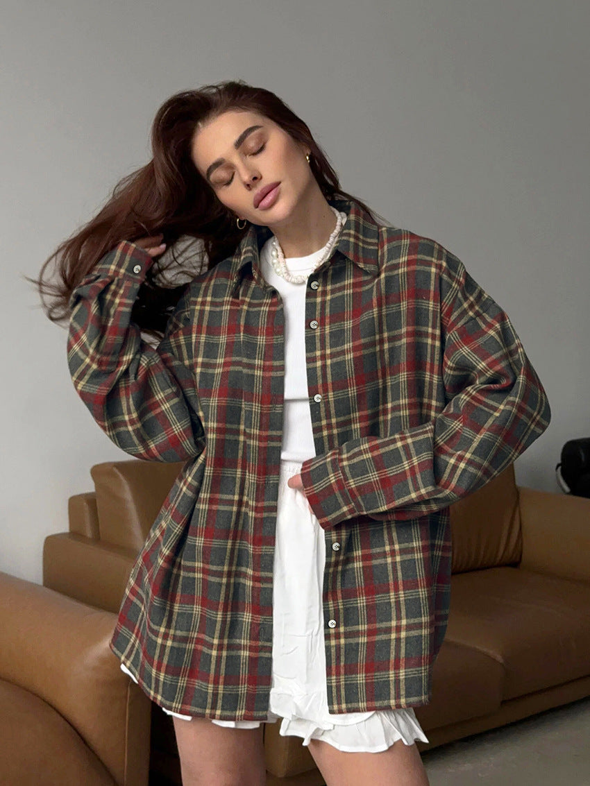 Plaid retro style versatile casual lapel long-sleeved cardigan polyester-cotton shirt