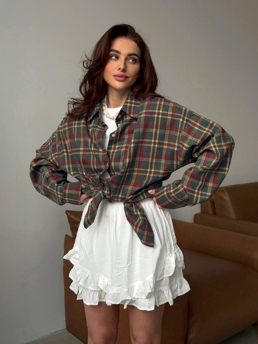 Plaid retro style versatile casual lapel long-sleeved cardigan polyester-cotton shirt