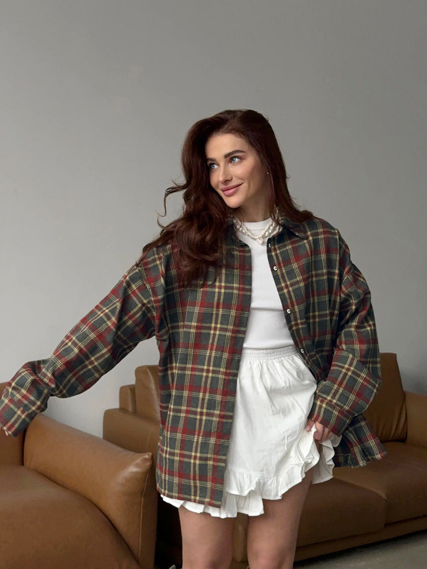 Plaid retro style versatile casual lapel long-sleeved cardigan polyester-cotton shirt