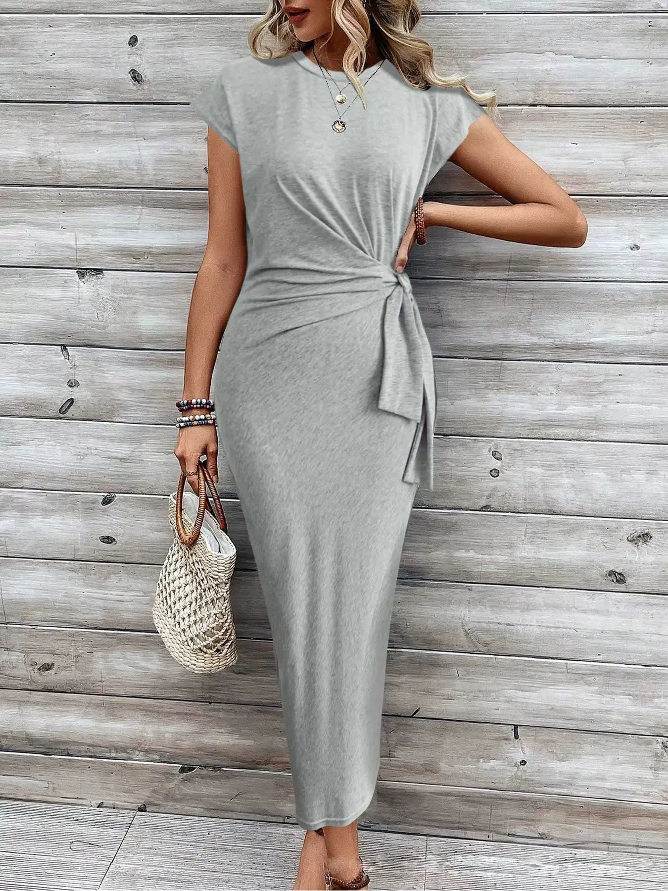 Elegant waist tie striped round neck short sleeve long dress