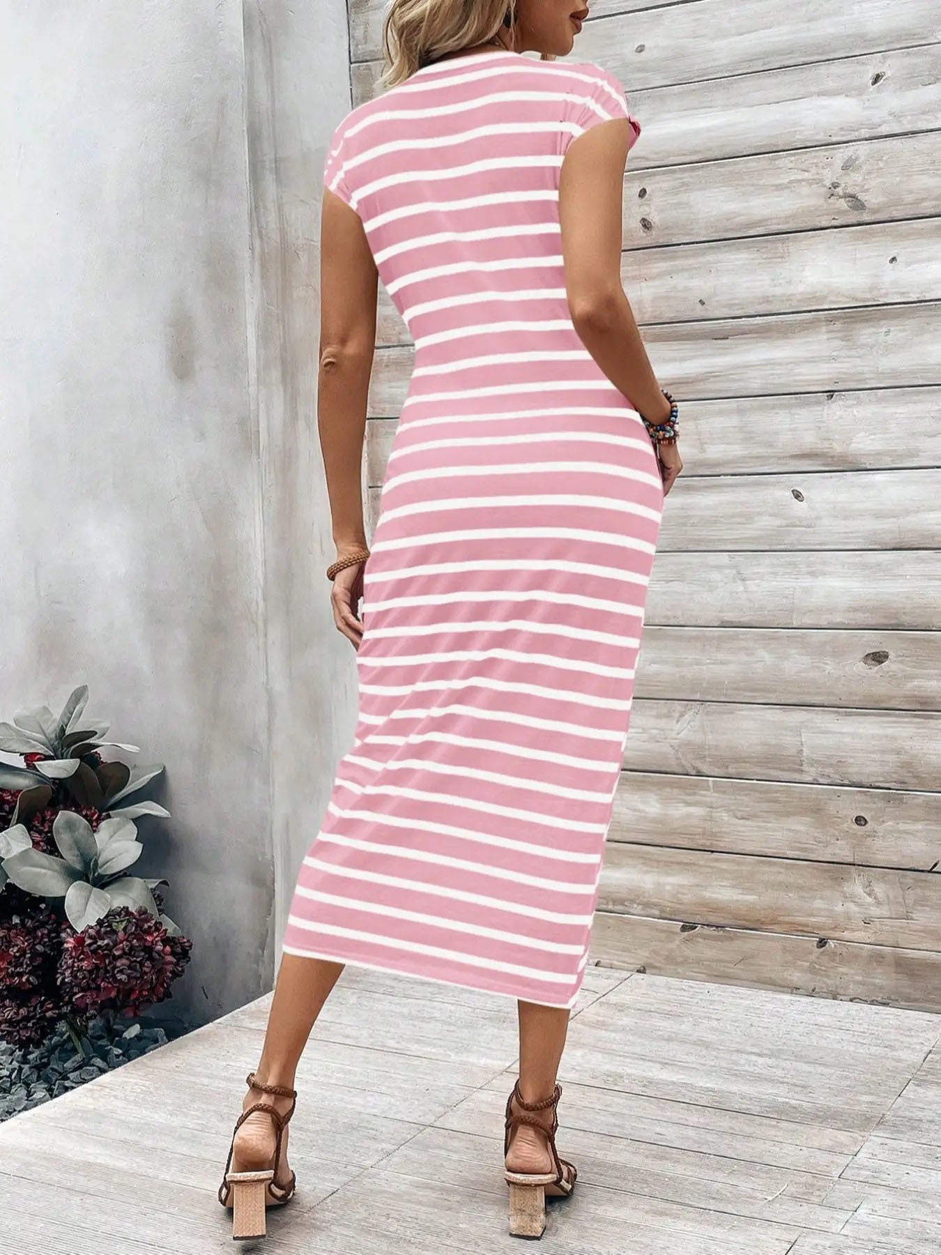 Elegant waist tie striped round neck short sleeve long dress