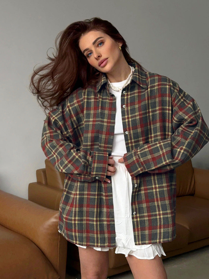 Plaid retro style versatile casual lapel long-sleeved cardigan polyester-cotton shirt