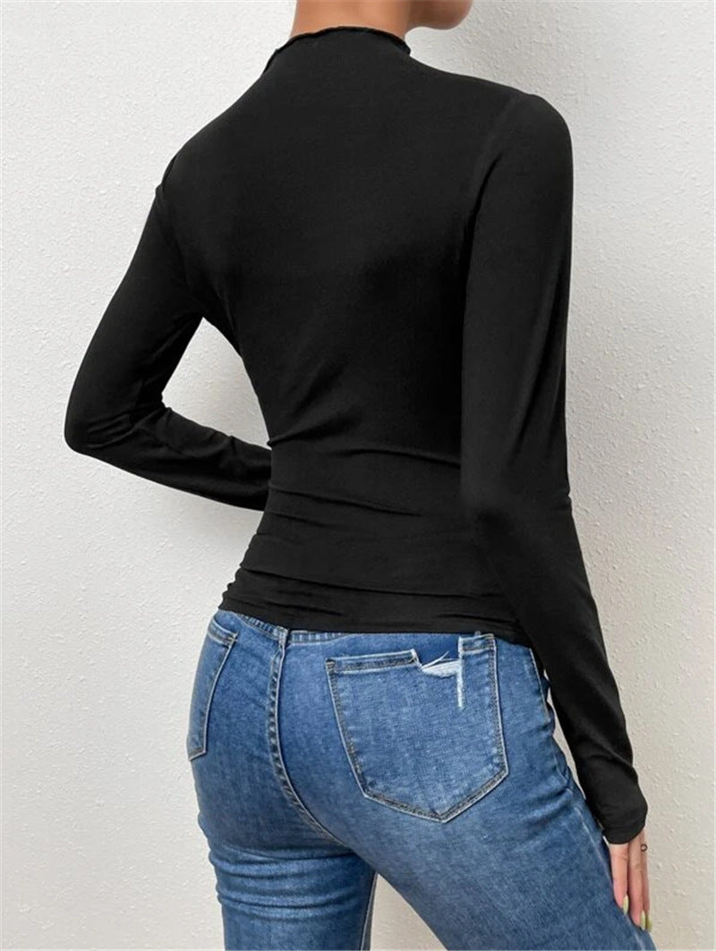 Solid color slim bottoming shirt versatile pleated long-sleeved T-shirt ladies tops