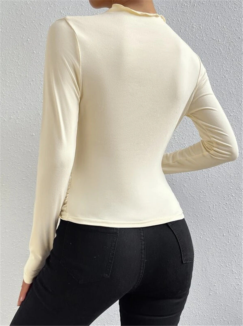 Solid color slim bottoming shirt versatile pleated long-sleeved T-shirt ladies tops