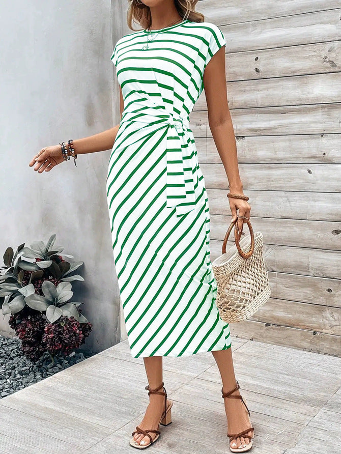 Elegant waist tie striped round neck short sleeve long dress