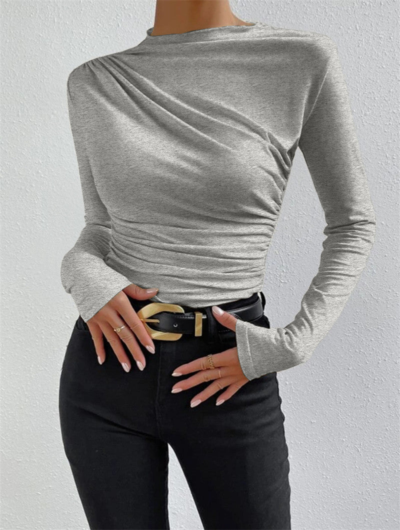Solid color slim bottoming shirt versatile pleated long-sleeved T-shirt ladies tops