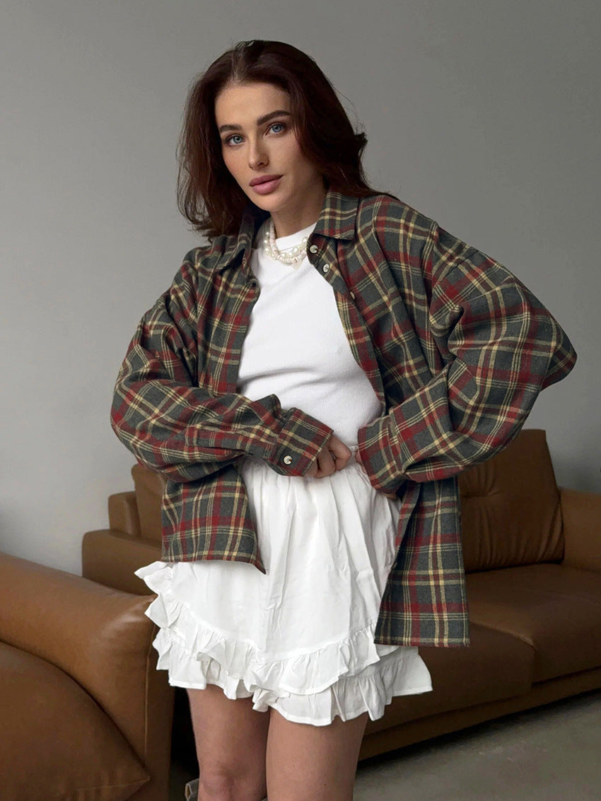 Plaid retro style versatile casual lapel long-sleeved cardigan polyester-cotton shirt