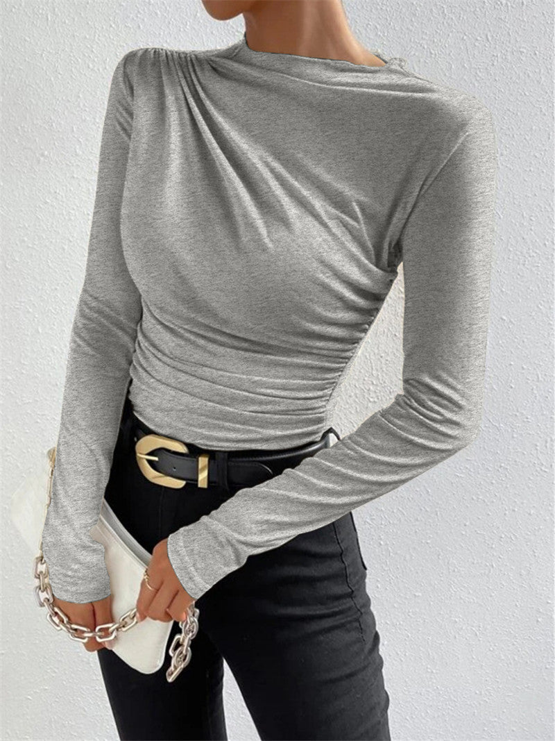 Solid color slim bottoming shirt versatile pleated long-sleeved T-shirt ladies tops