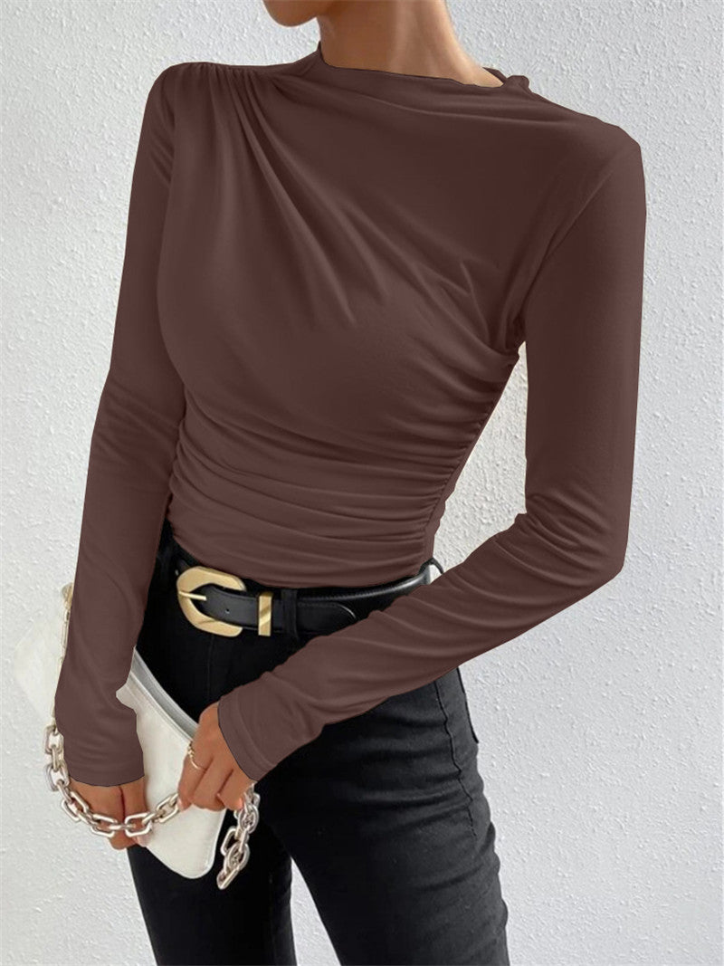 Solid color slim bottoming shirt versatile pleated long-sleeved T-shirt ladies tops