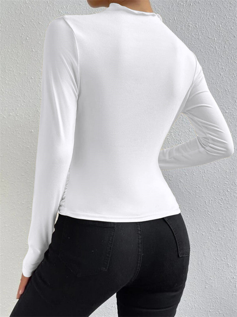Solid color slim bottoming shirt versatile pleated long-sleeved T-shirt ladies tops