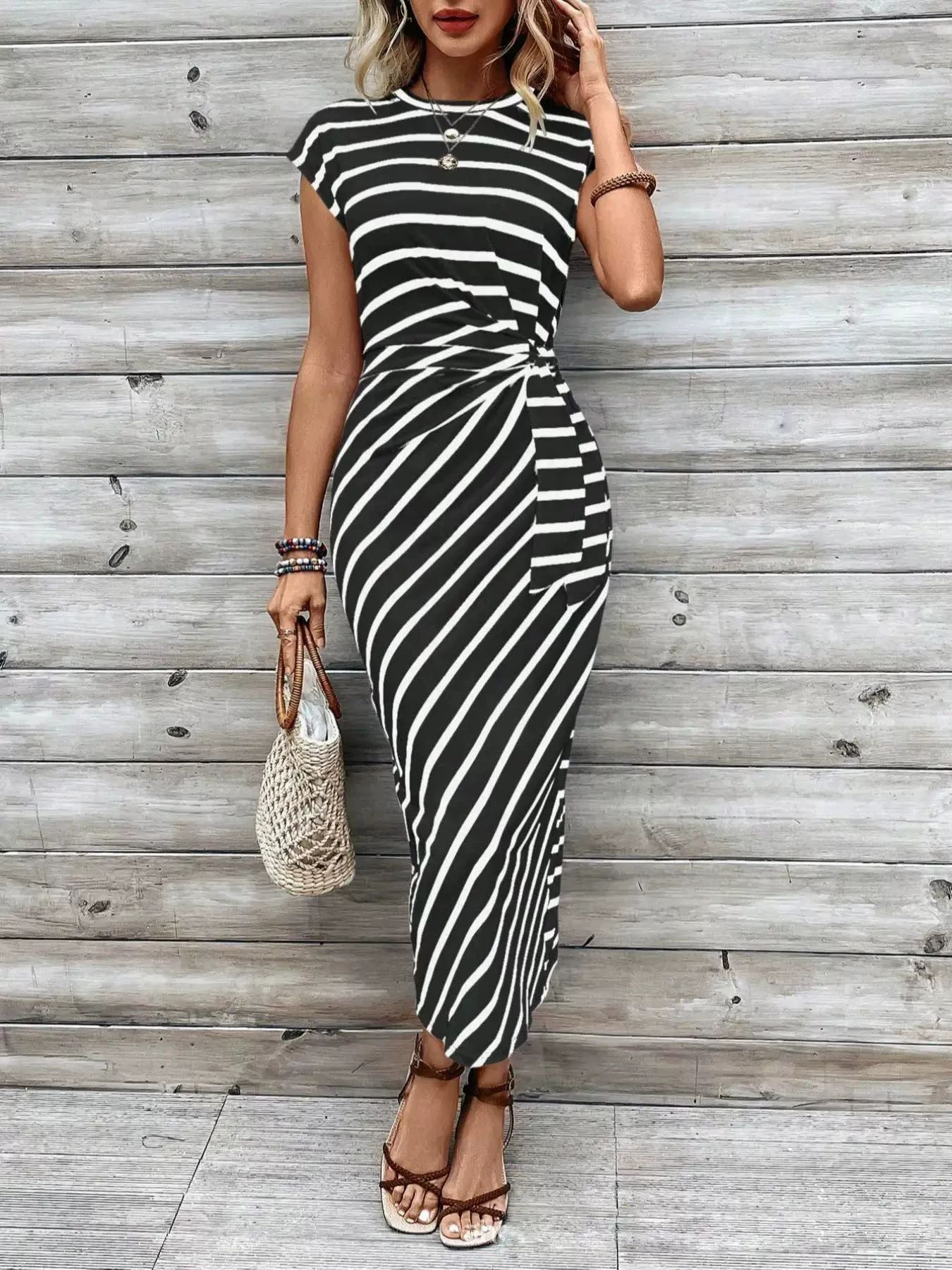 Elegant waist tie striped round neck short sleeve long dress