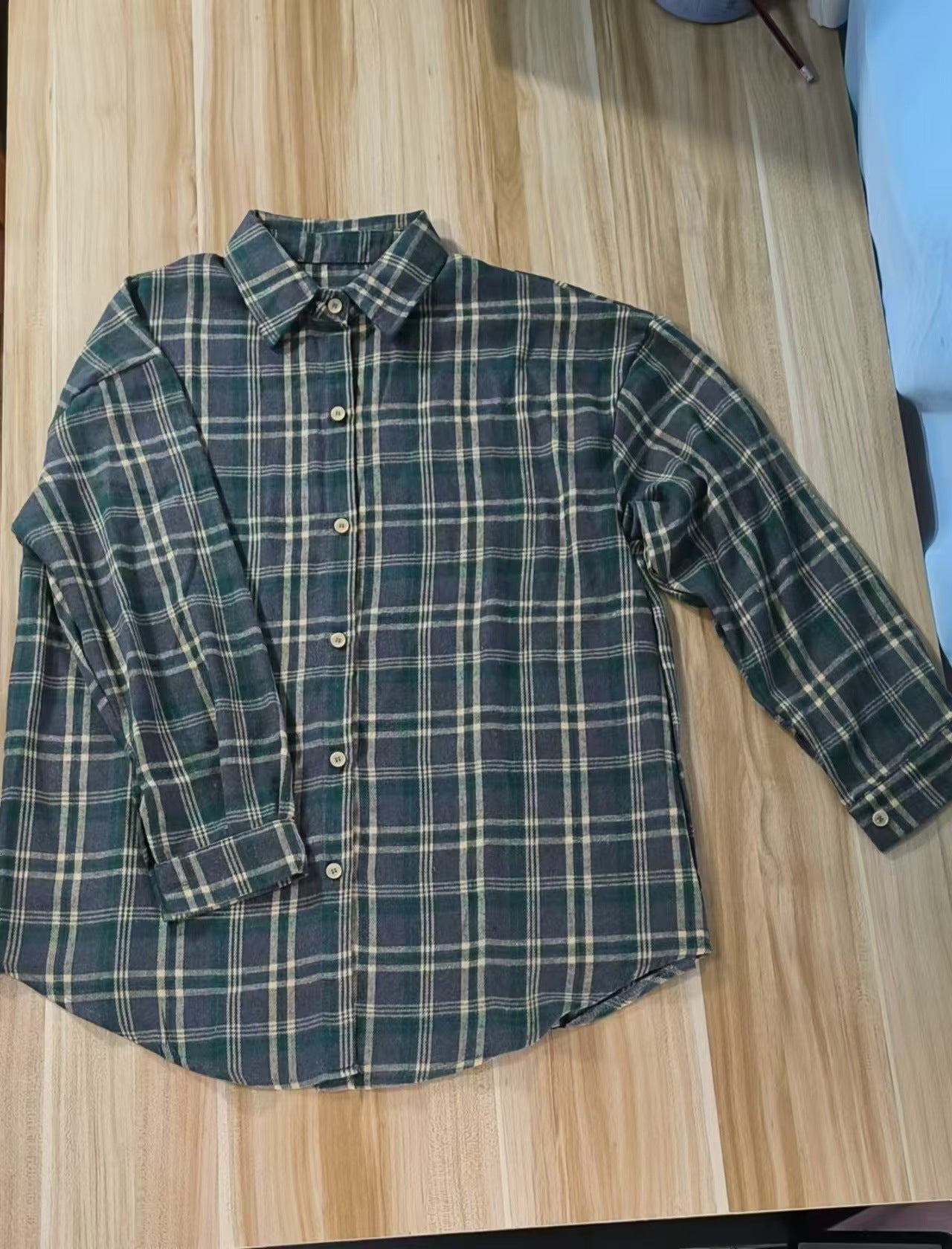 Plaid retro style versatile casual lapel long-sleeved cardigan polyester-cotton shirt