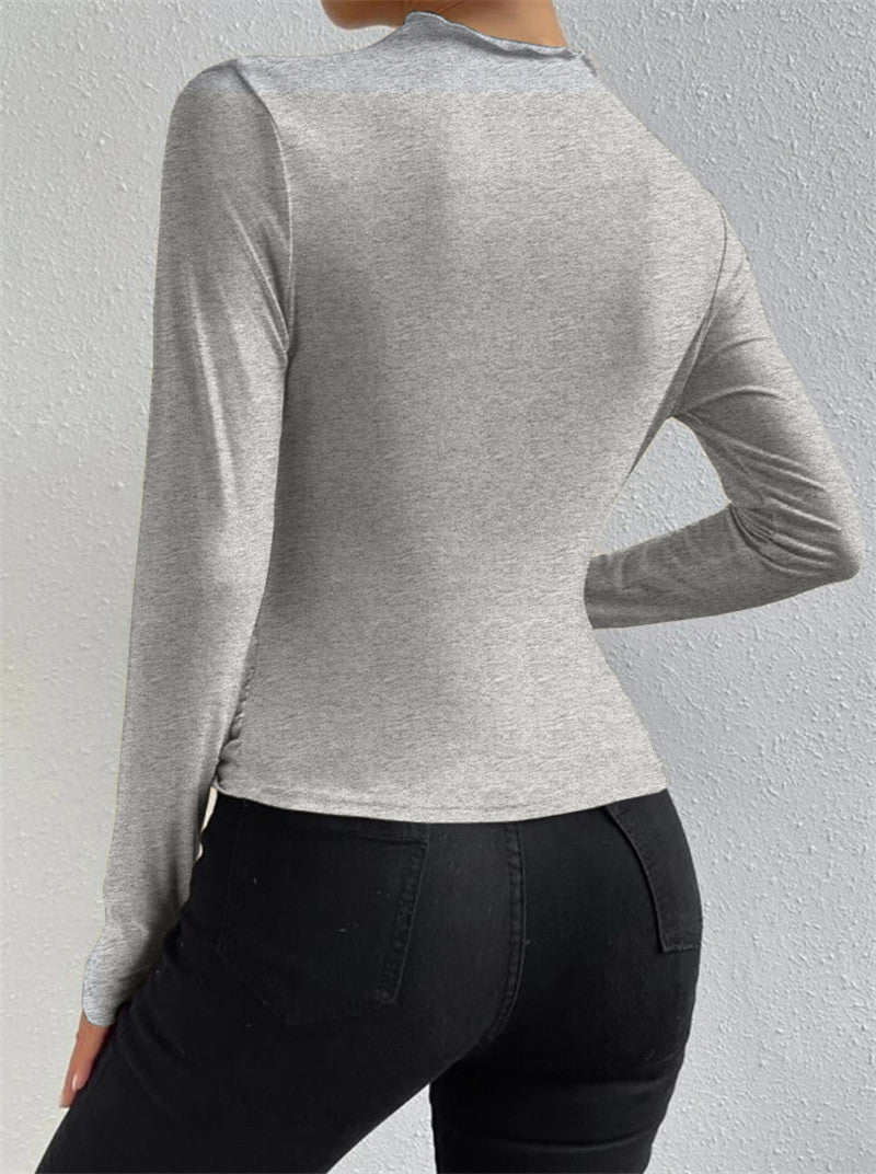 Solid color slim bottoming shirt versatile pleated long-sleeved T-shirt ladies tops