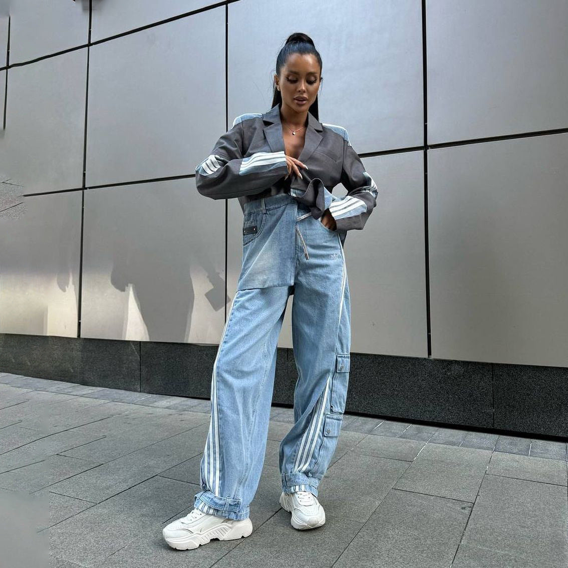 Street hip-hop style suit patchwork denim jacket