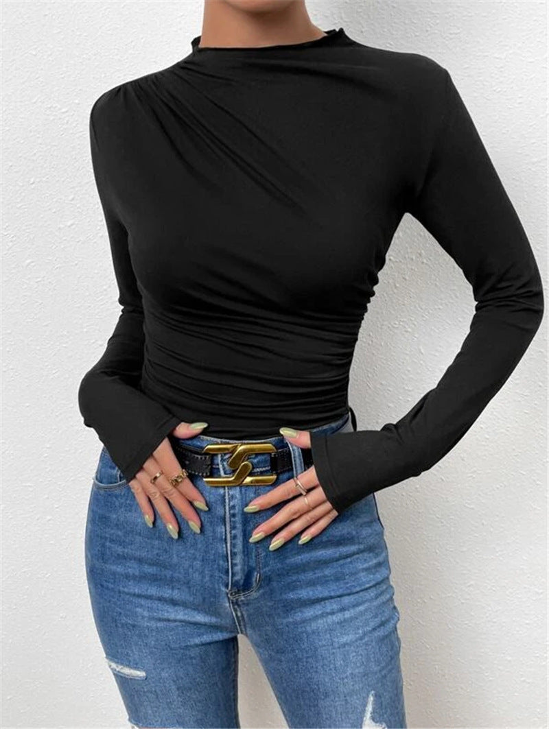 Solid color slim bottoming shirt versatile pleated long-sleeved T-shirt ladies tops