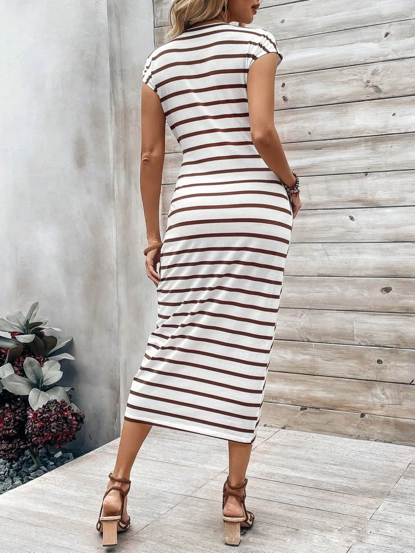 Elegant waist tie striped round neck short sleeve long dress