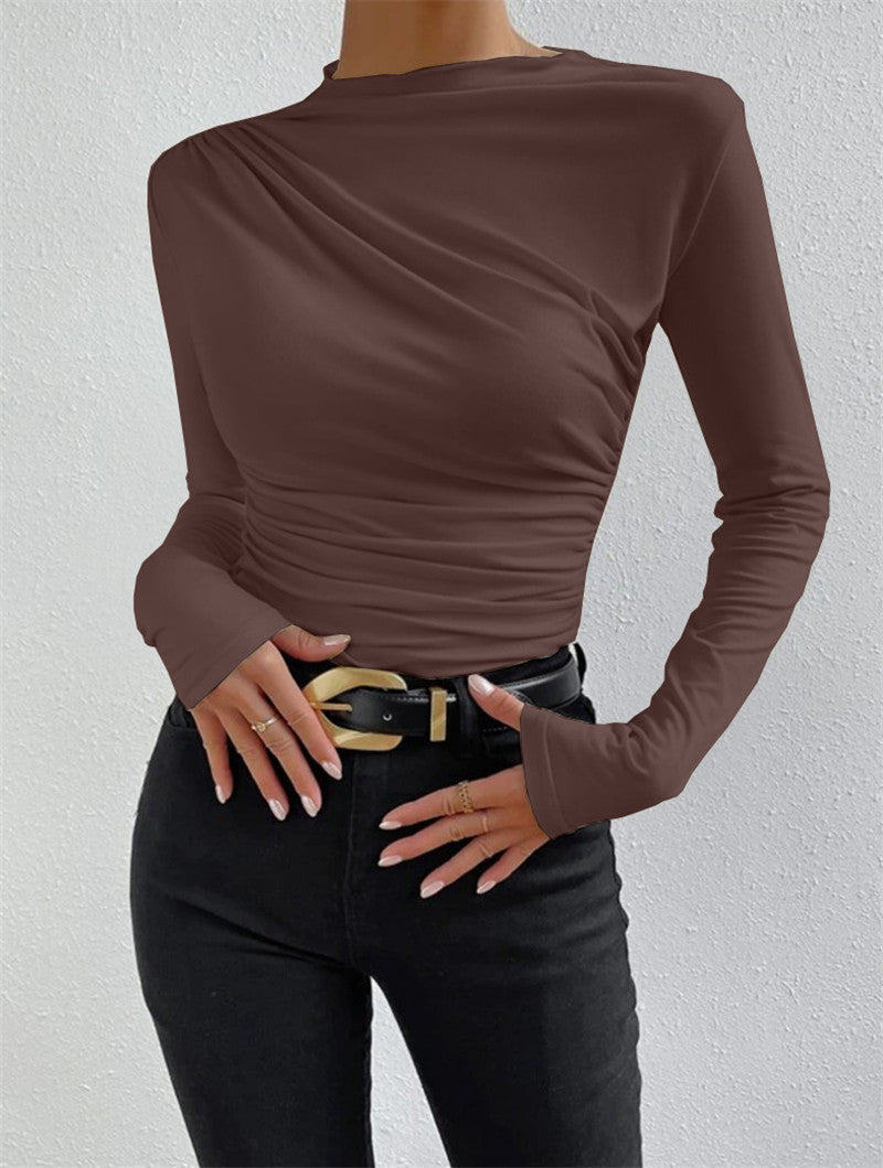 Solid color slim bottoming shirt versatile pleated long-sleeved T-shirt ladies tops