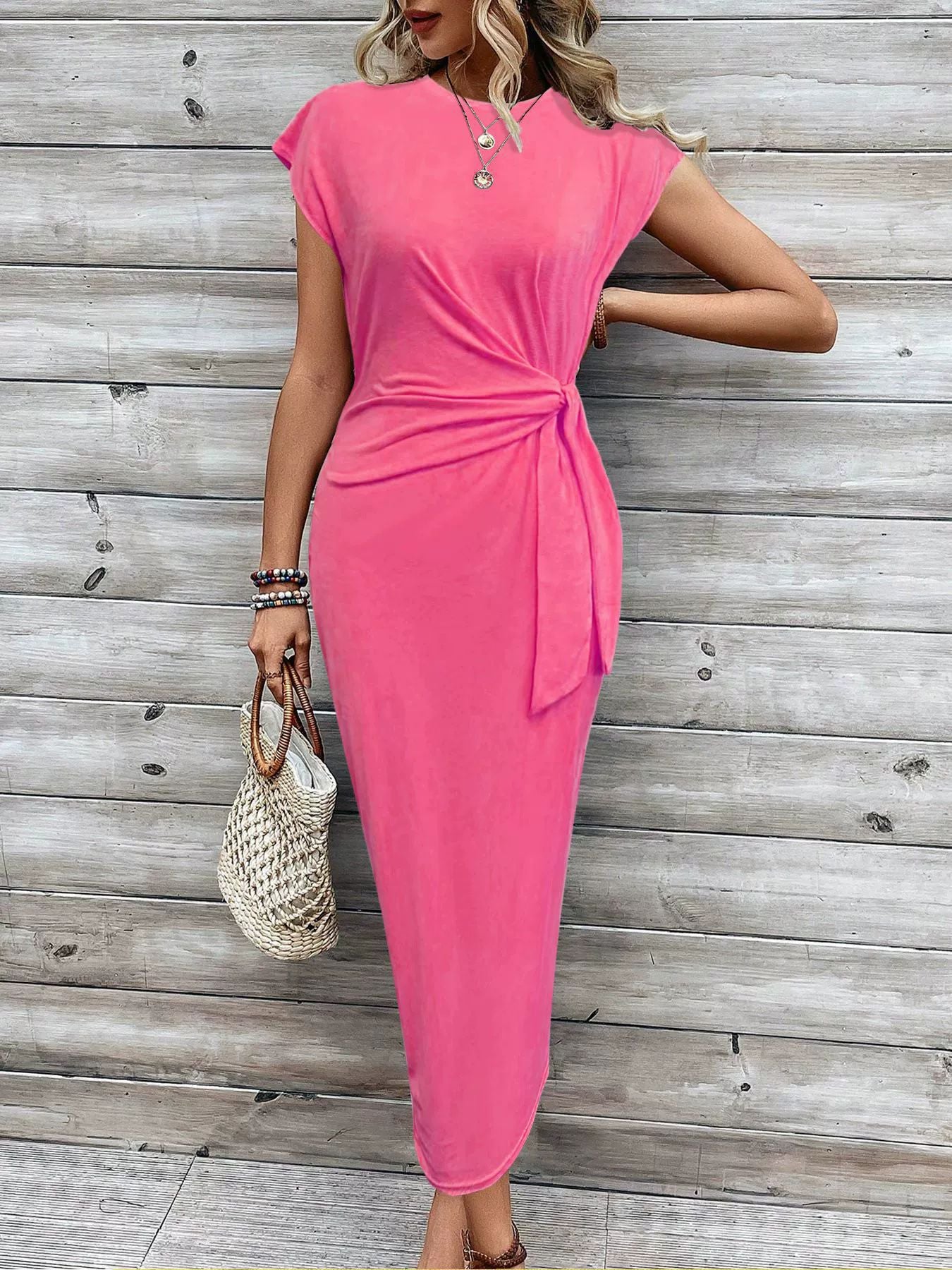 Elegant waist tie striped round neck short sleeve long dress