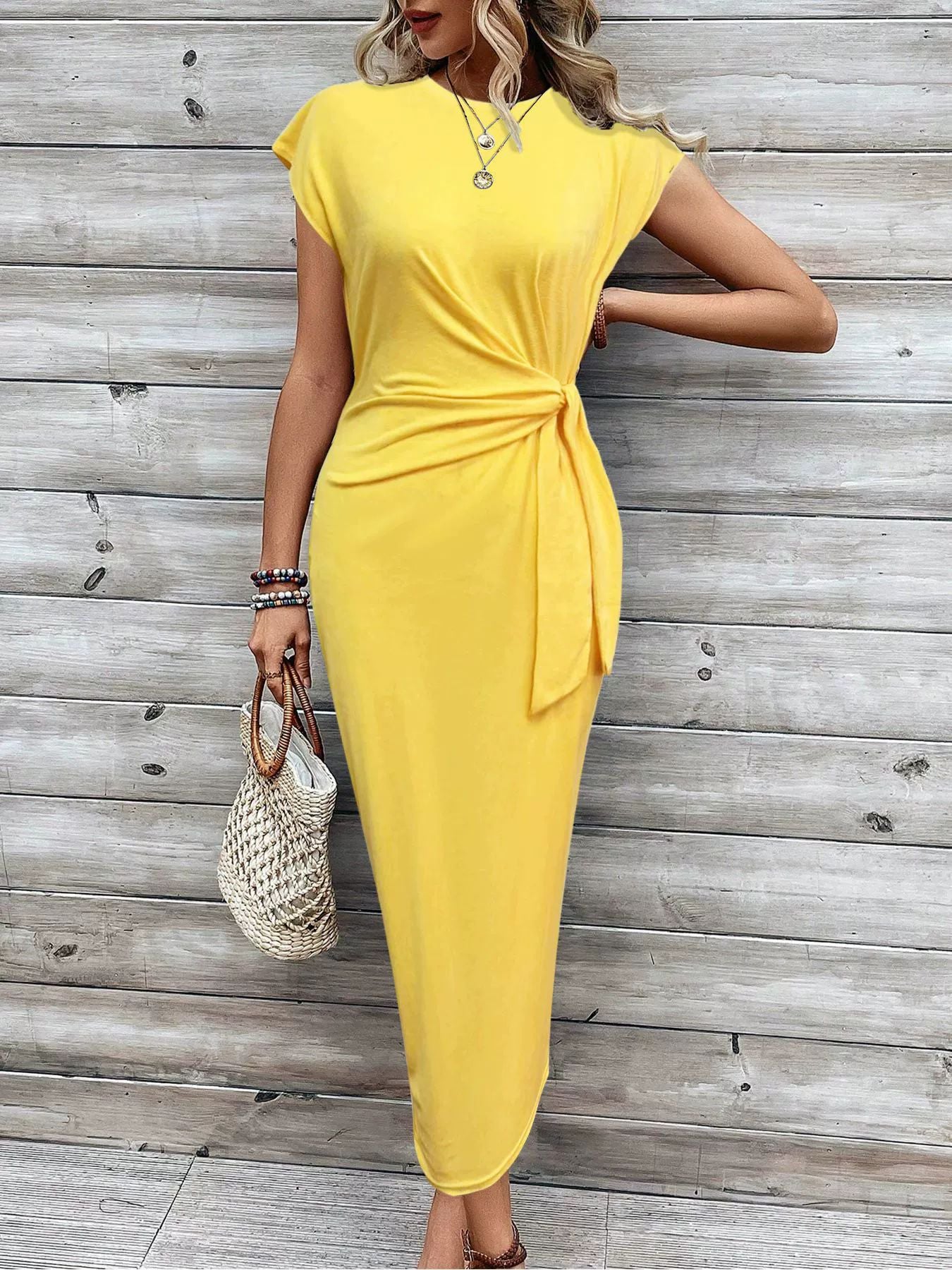Elegant waist tie striped round neck short sleeve long dress