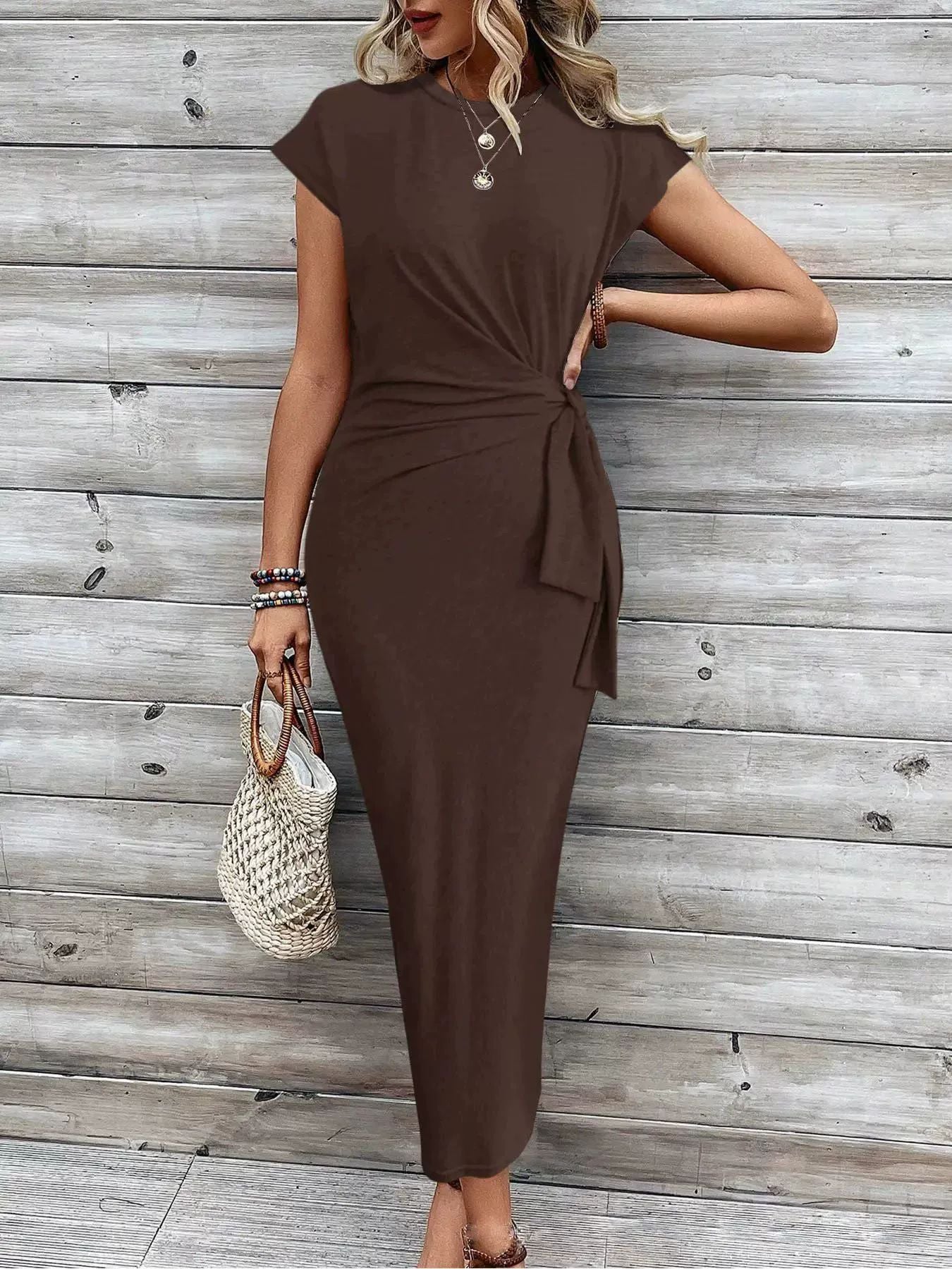 Elegant waist tie striped round neck short sleeve long dress