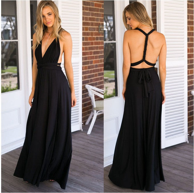 Multi-wear multi-string cross backless sexy bandage long dress