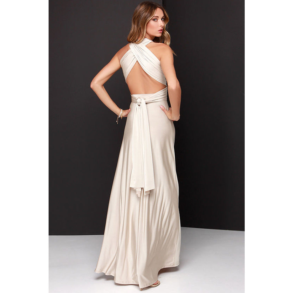 Multi-wear multi-string cross backless sexy bandage long dress