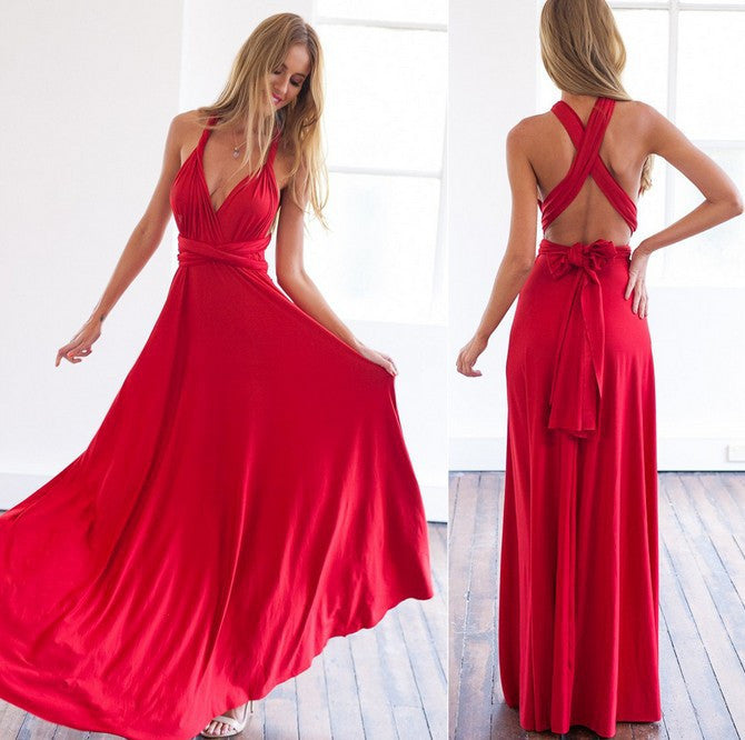 Multi-wear multi-string cross backless sexy bandage long dress