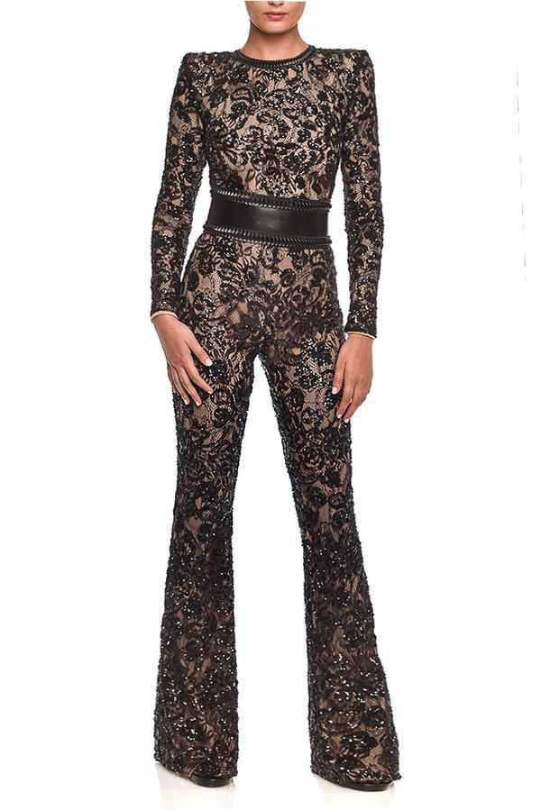 Composite lace slim-fit jumpsuit