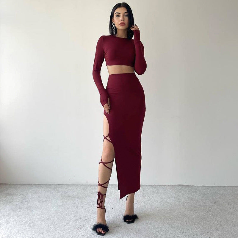 Solid Color Long Sleeve Round Neck Top Slim Fit Tie Skirt Set