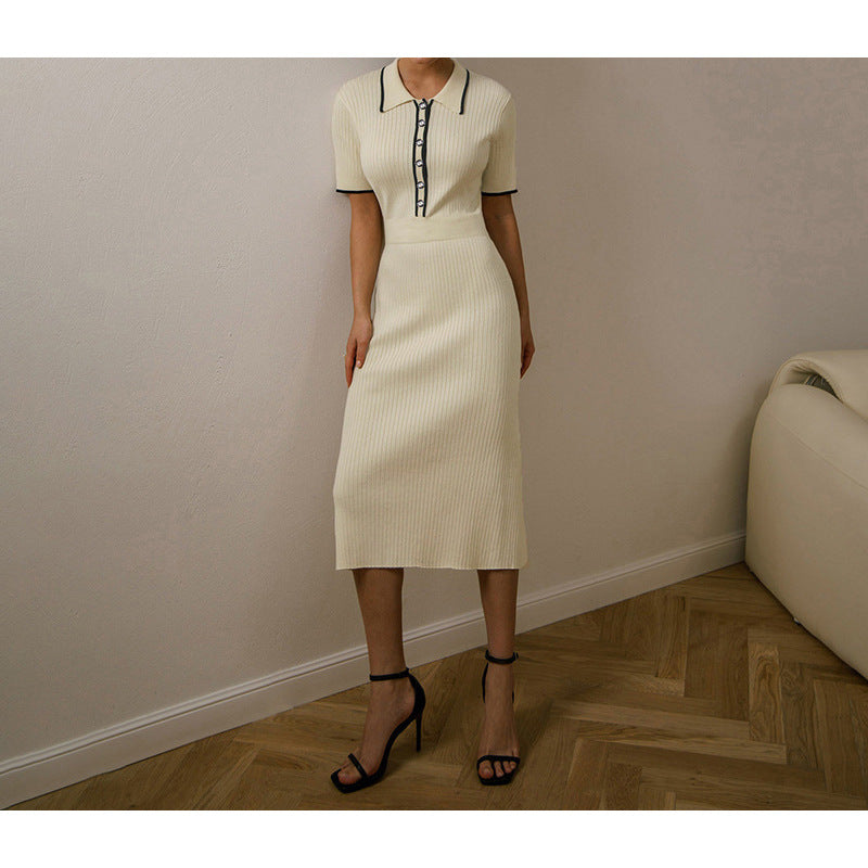 Elegant contrast lapel short-sleeved dress