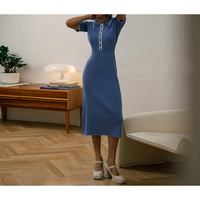 Elegant contrast lapel short-sleeved dress