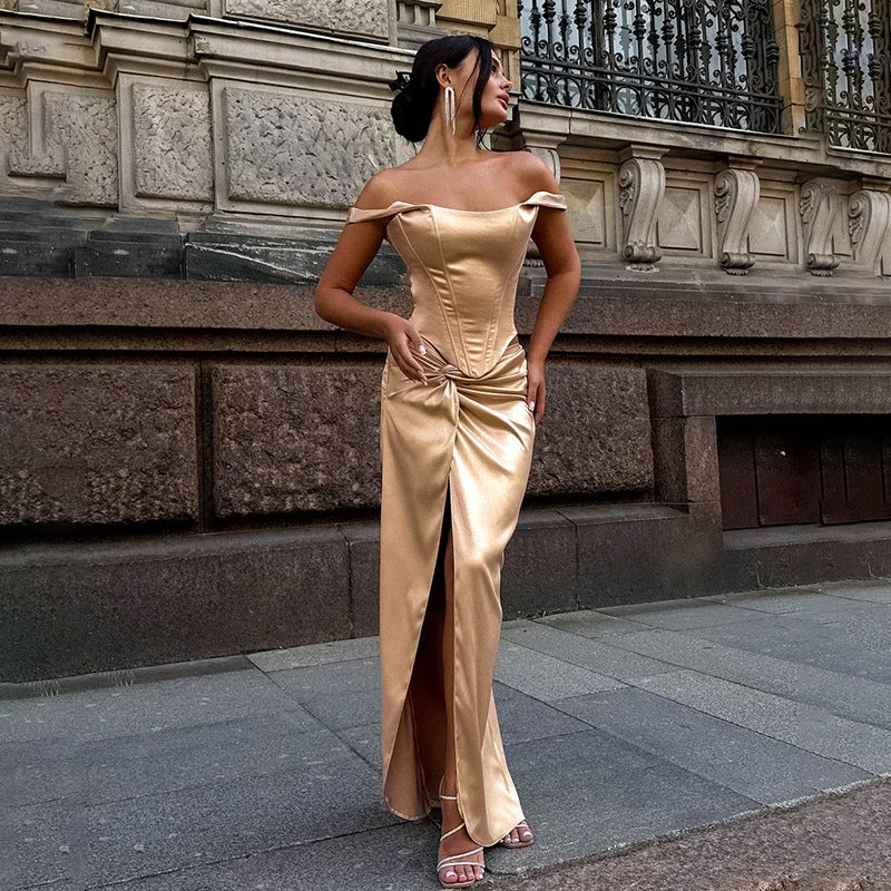 Celebrity style temperament waist twist slit satin long dress