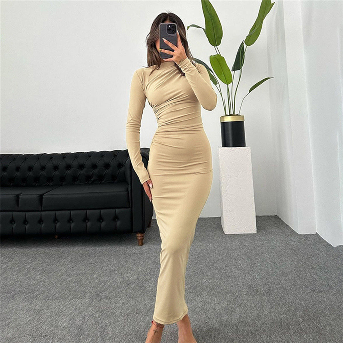 Slim fit high-end solid color temperament long hip dress