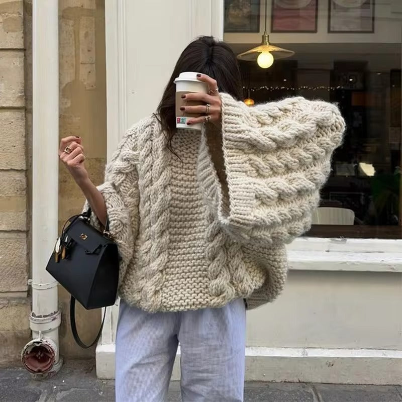 Loose Knit Cable Lantern Sleeve Sweater