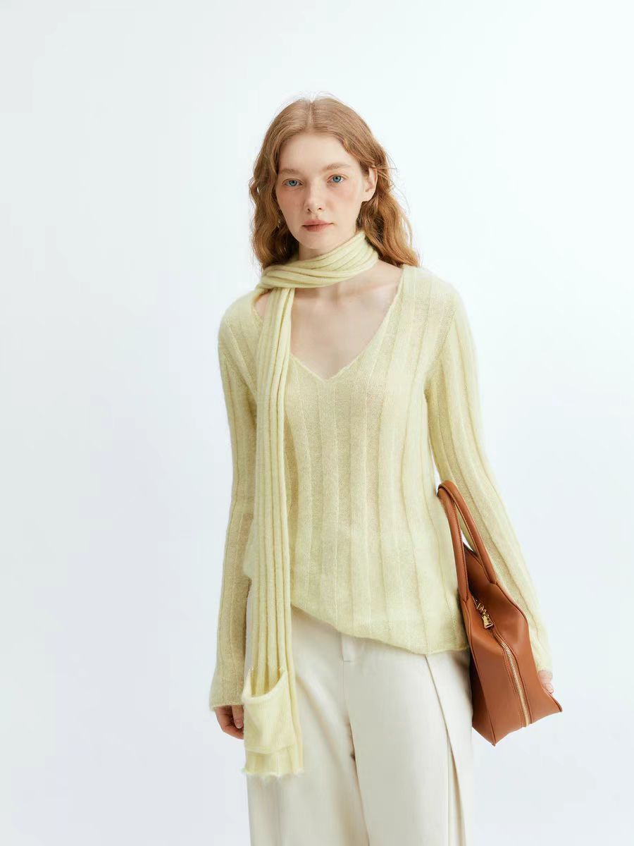Striped ribbed knitted scarf sweater two-piece set