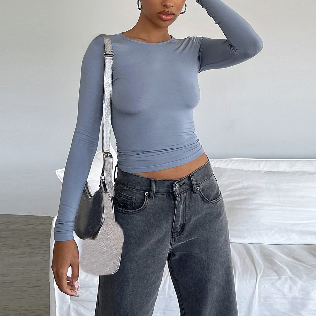 Solid color bottoming round neck slim fit long sleeve top T-shirt