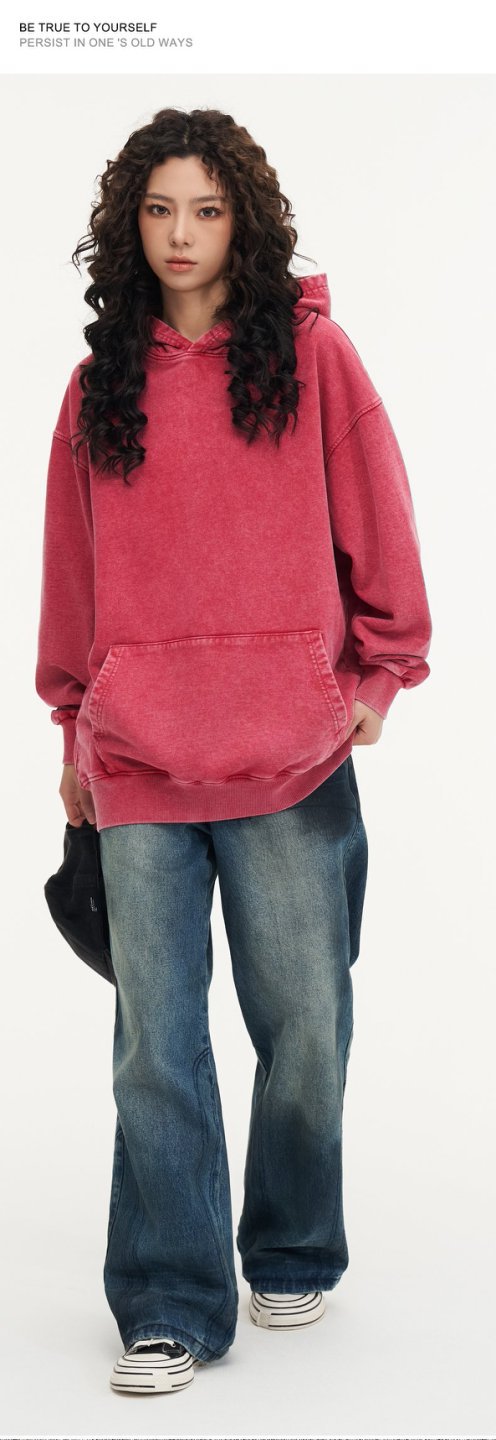 Washed and distressed hooded sweatshirt pure cotton batik retro street all-match hoodie