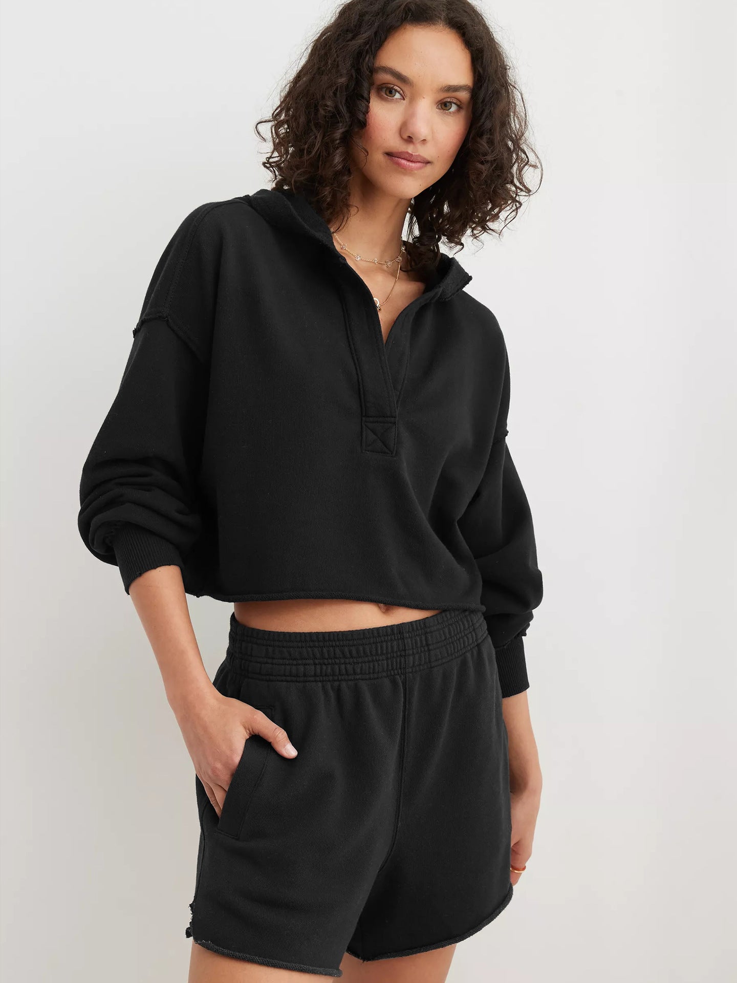Hooded Half-Open Collar Solid Color Loose Sweatshirt