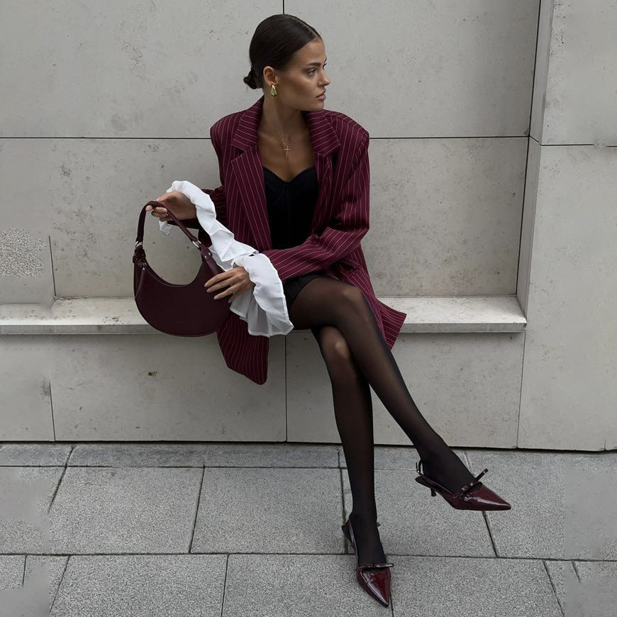 Retro style patchwork non-iron treatment striped small suit jacket
