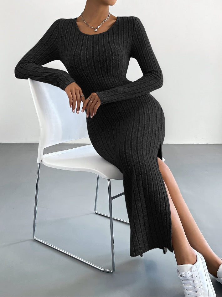 Long Sleeve Round Neck Slit Knit Long Dress