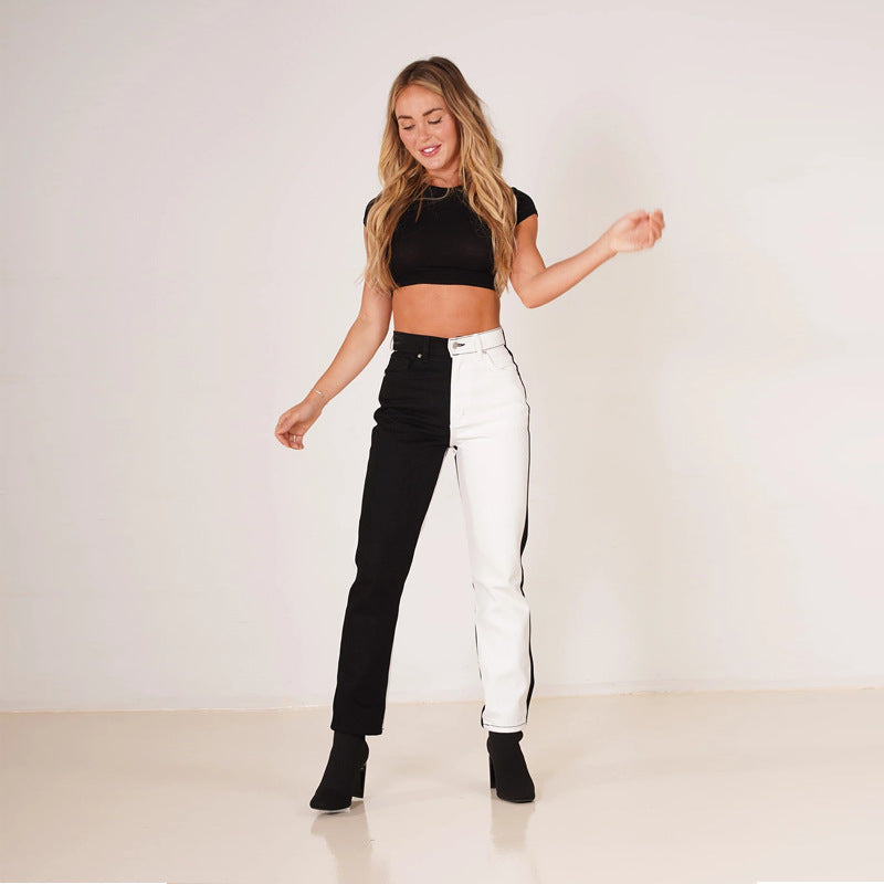 Elastic straight washed high waist women's jeans