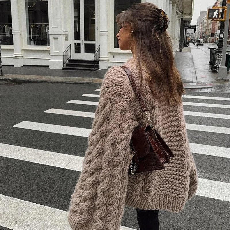 Loose Knit Cable Lantern Sleeve Sweater
