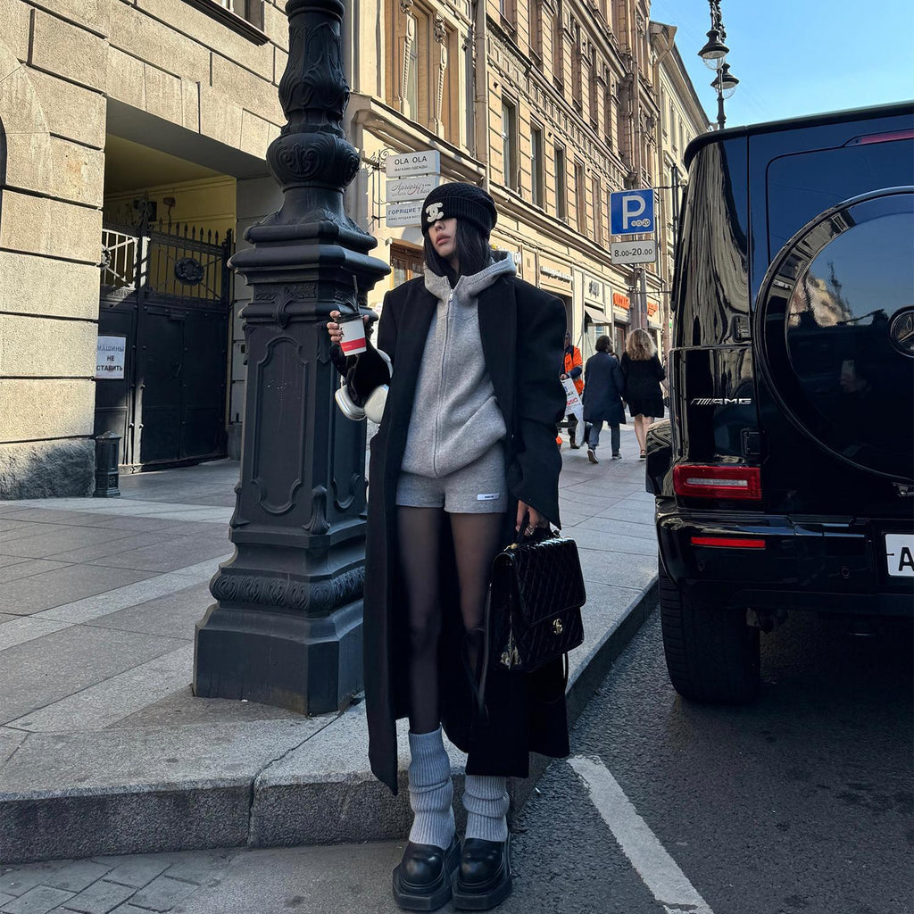 Gray Hooded Autumn and Winter Lazy Style Knitted Cardigan Zipper Set
