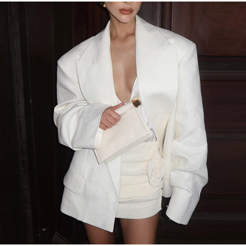Solid color with large lapel and gathered sleeves suit jacket