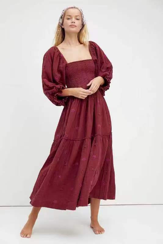 Trumpet sleeve embroidered square neck sunflower swing dress