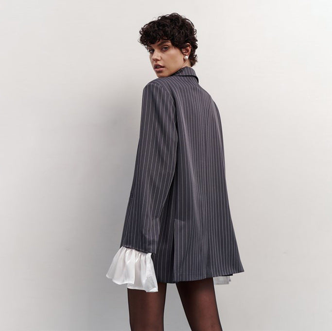 Retro style patchwork non-iron treatment striped small suit jacket