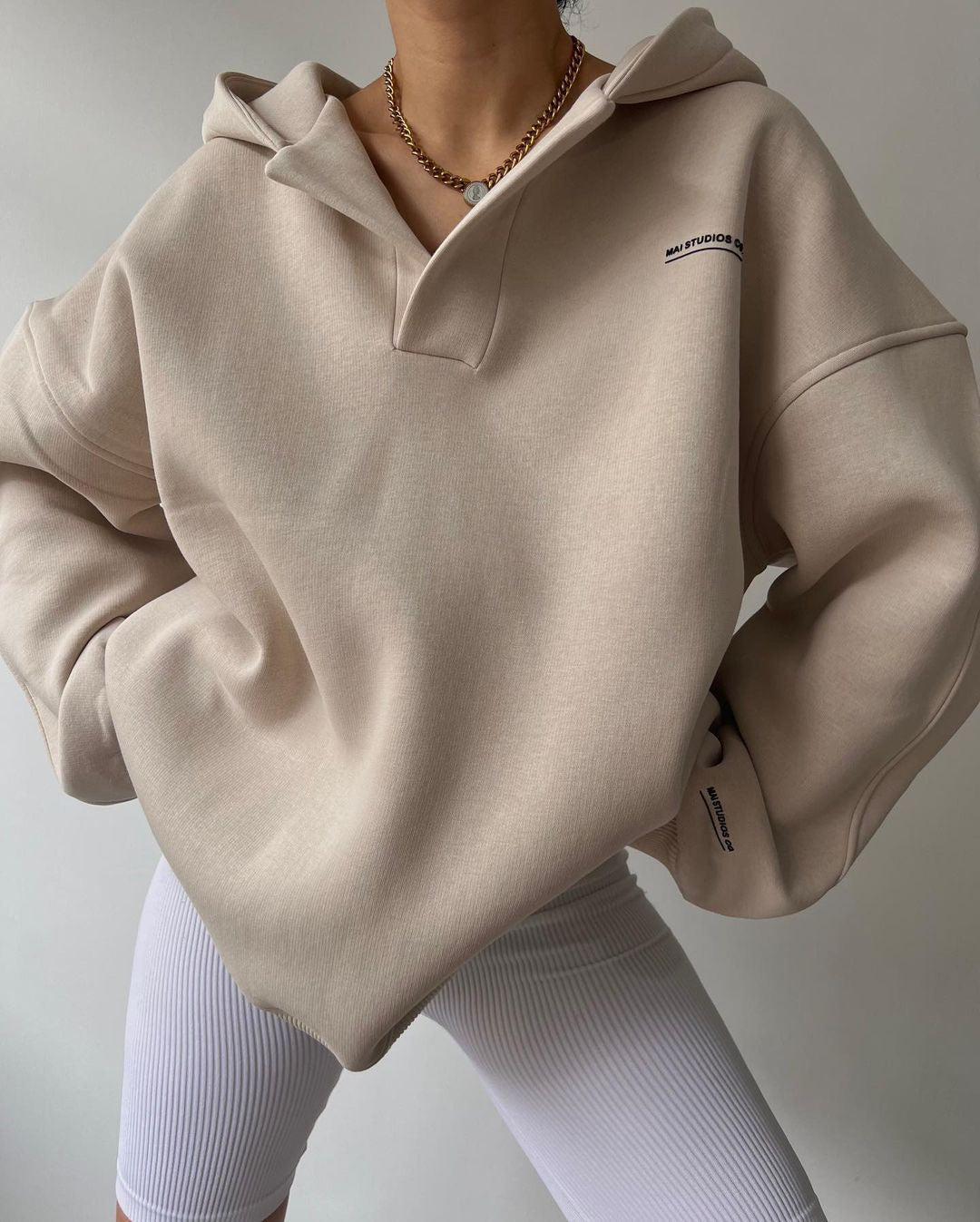 Plush hooded long-sleeved basic all-match sweatshirt V-neck sweater