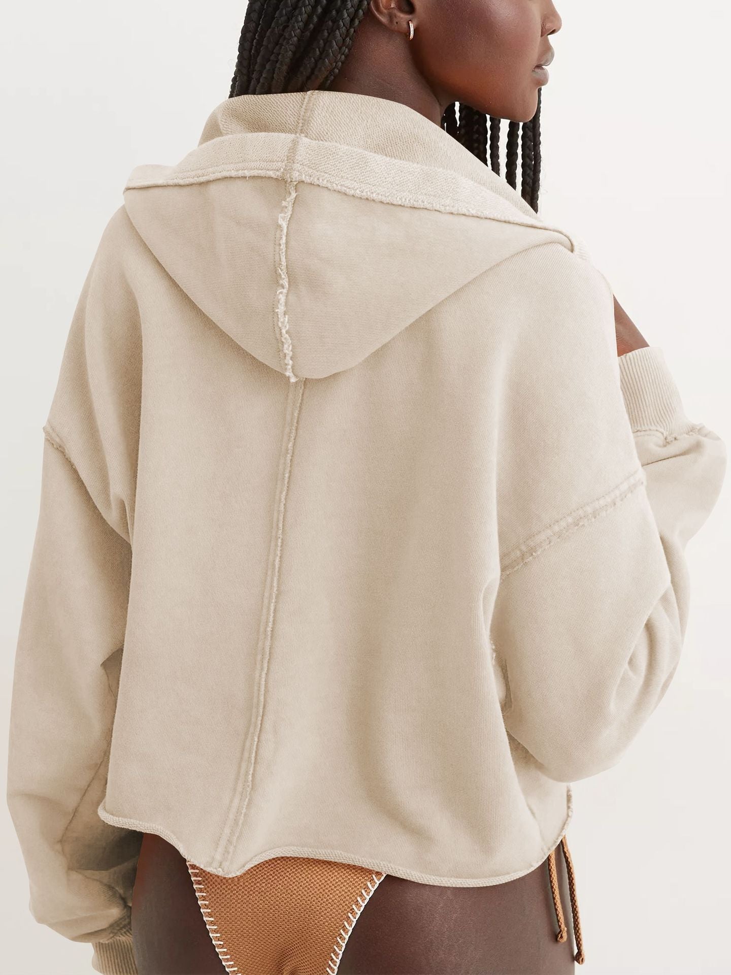 Hooded Half-Open Collar Solid Color Loose Sweatshirt